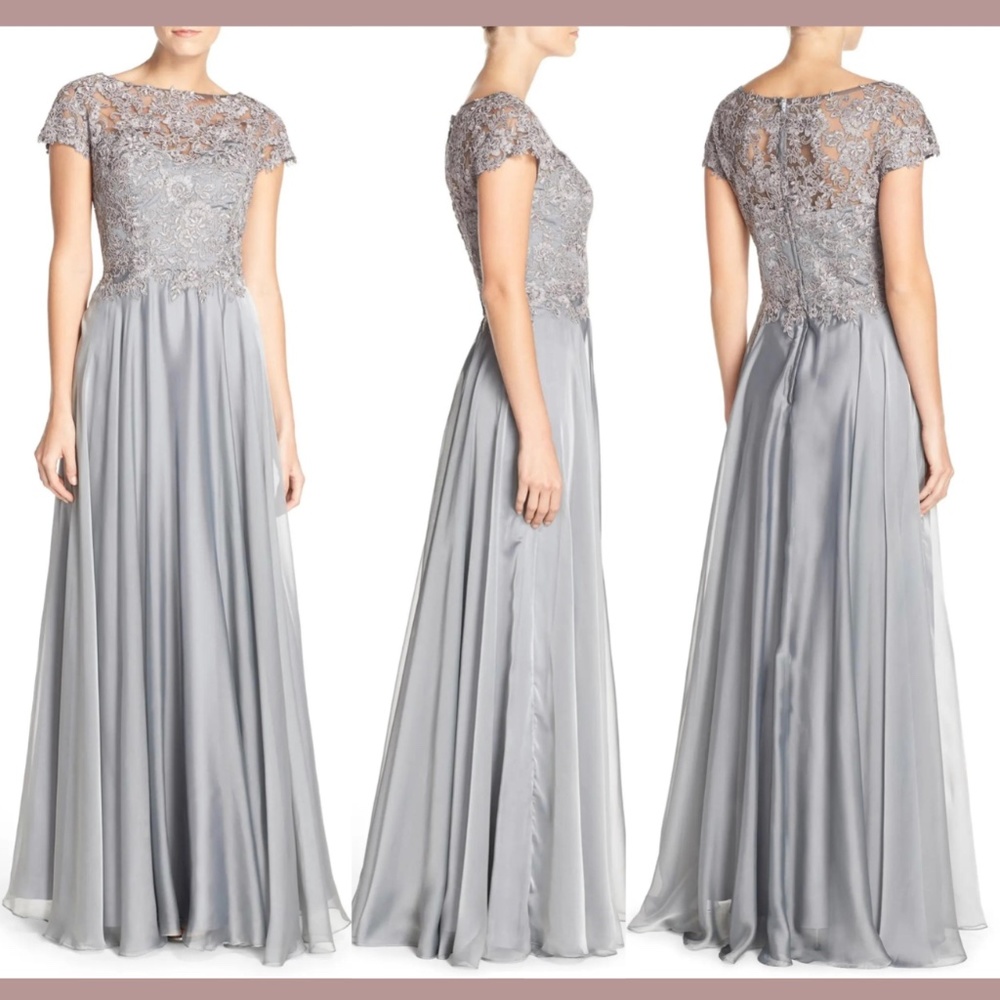 NEW $498 La Femme [ 4 ]‎ Lace & Satin A-Line Gown in Platinum